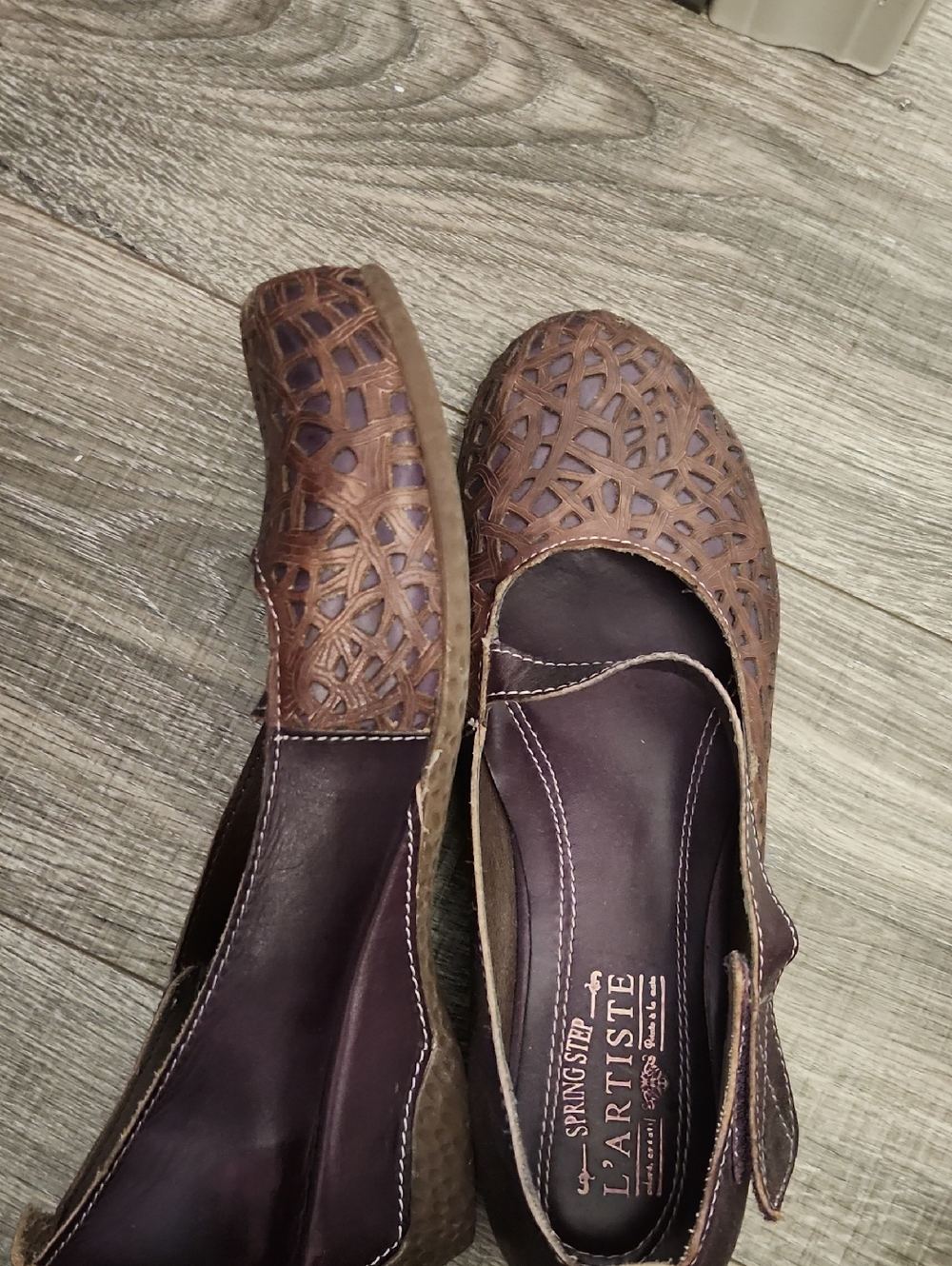 L'ATISTE Brown Cutout Leather Mary Jane Flats with Dark Plum Insole